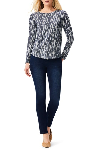 Nzt By Nic+zoe Ikat Ruched Sleeve Top In Indigo Multi