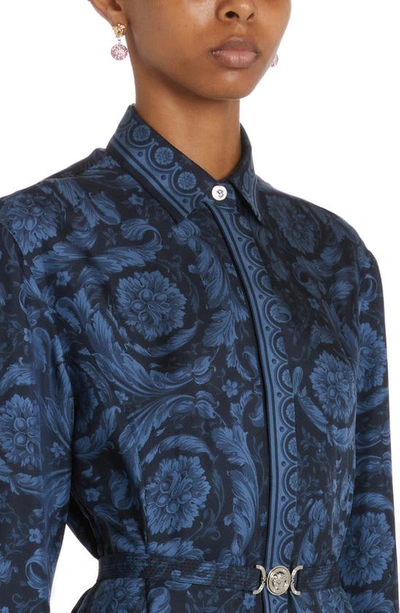 Shop Versace Barocco Print Medusa Belted Long Sleeve Silk Shirtdress In Navy Blue
