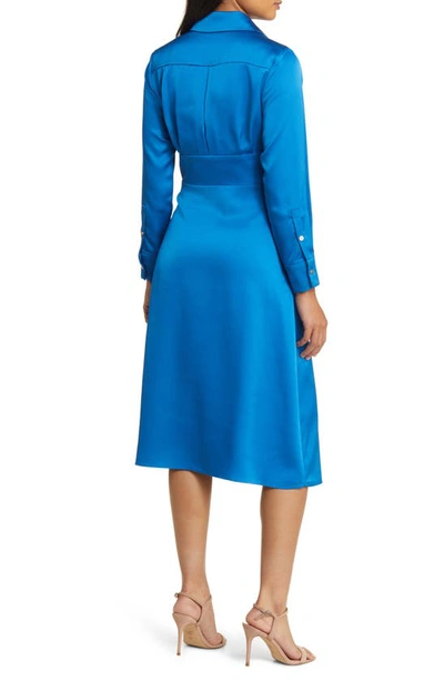 Shop Tahari Asl Long Sleeve Satin Faux Wrap Midi Shirtdress In French Blue