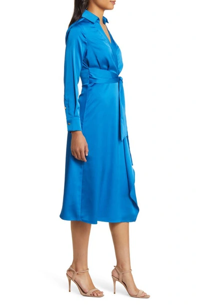Shop Tahari Asl Long Sleeve Satin Faux Wrap Midi Shirtdress In French Blue