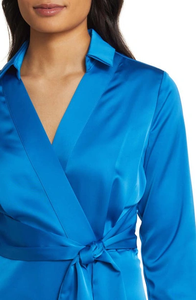 Shop Tahari Asl Long Sleeve Satin Faux Wrap Midi Shirtdress In French Blue
