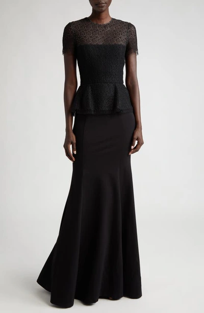 Shop Jason Wu Collection Mixed Media Embroidered Lace Peplum Gown In Black