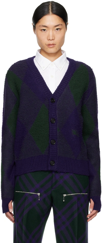 Shop Burberry Purple Argyle Cardigan In Royal Ip Pattern