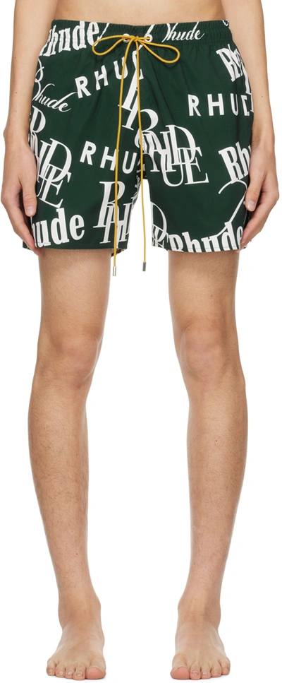 Shop Rhude Green Mash-up Swim Shorts In Forest/cream