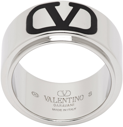 Shop Valentino Silver Vlogo Signature Ring In Palladium/nero
