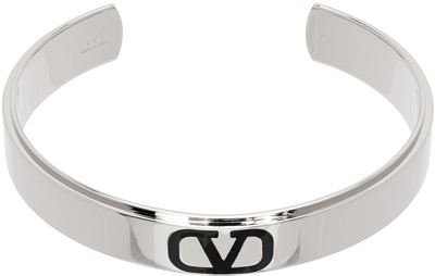 Shop Valentino Silver & Black Vlogo Signature Cuff Bracelet In Palladium/nero