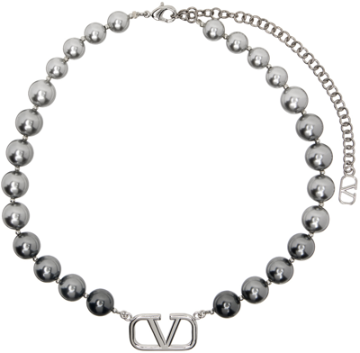 Shop Valentino Silver Vlogo Signature Pearl Choker In Palladium/degrade
