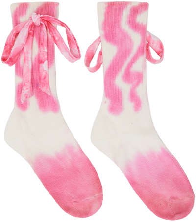 Shop Collina Strada Ssense Exclusive White & Pink Bow Socks In Hot Pink Squiggle