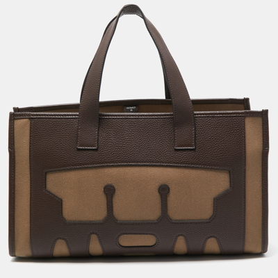 Pre-owned Hermes Marron Fonce Togo And Toile Petit H Decoupe Basse Pm Skeleton Tote In Brown