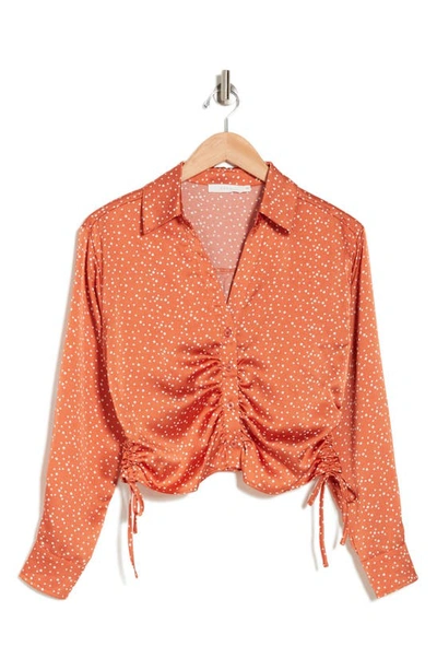Shop Lush Ruched Satin Button-up Shirt In Orange Brown White Dot