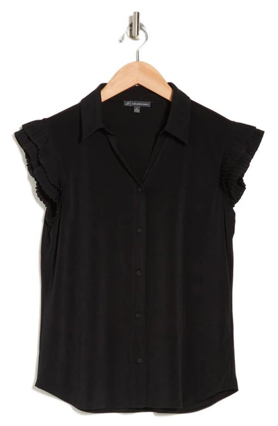 Shop Adrianna Papell Pleated Cap Sleeve Button-up Shirt In Black