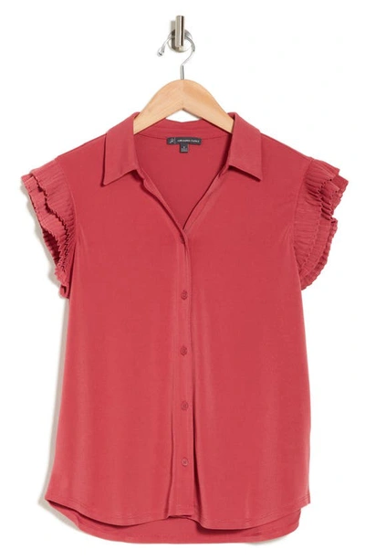 Shop Adrianna Papell Pleated Cap Sleeve Button-up Shirt In Rose