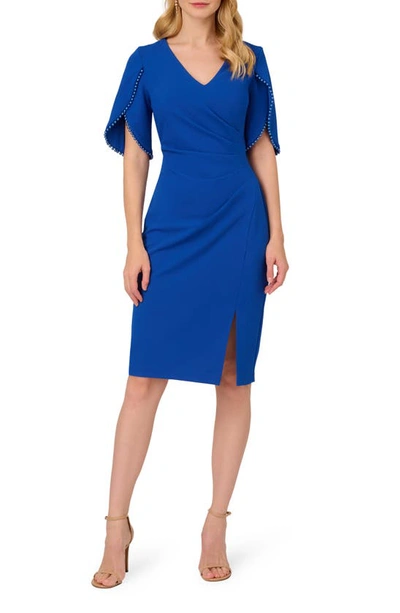 Shop Adrianna Papell Pleated Imitation Pearl Trim Crepe Sheath Dress In Violet Cobalt