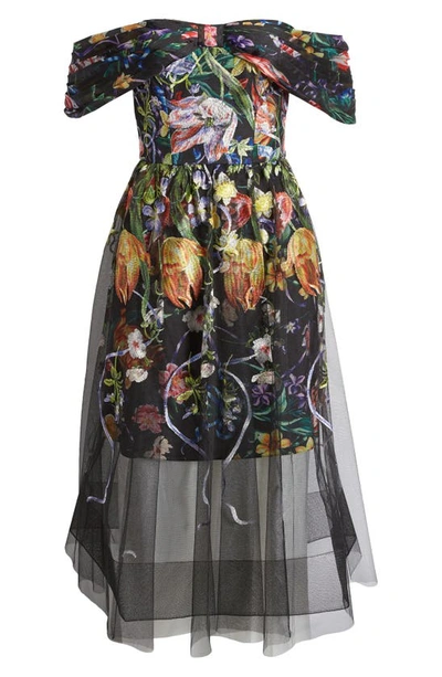 Shop Marchesa Notte Embroidered Floral Off The Shoulder Midi Dress In Black Multi
