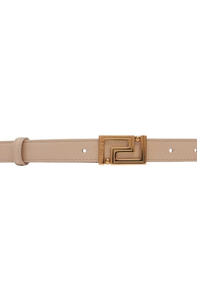 Shop Versace Greca Buckle Leather Belt In Sand/  Gold