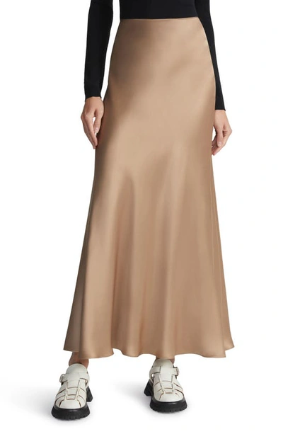 Shop Lafayette 148 Flared Bias Cut Satin Maxi Skirt In Camel Multi