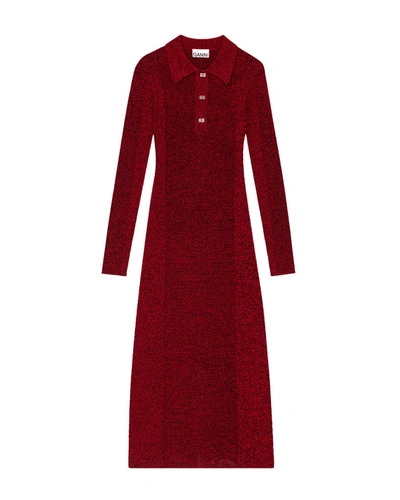 Shop Ganni Melange Rib Long Sleeve Polo Dress In Red
