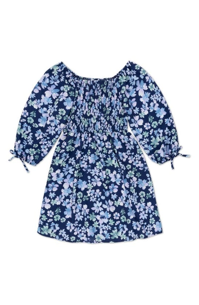 Shop Speechless Kids' Floral Smocked Bodice Long Sleeve Dress In Blue