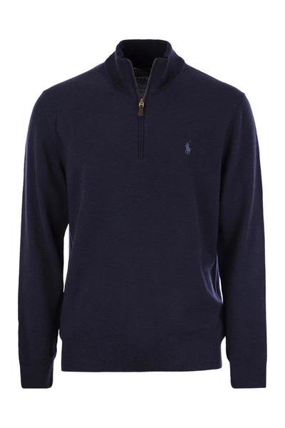 Shop Polo Ralph Lauren Wool Pullover With Half Zip In Navy Blue