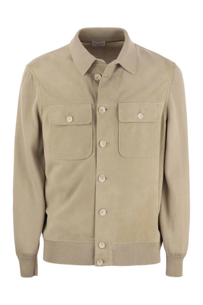 Shop Brunello Cucinelli Suede Shirt-style Cardigan With Pockets In Sand
