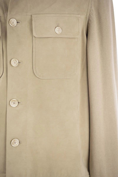 Shop Brunello Cucinelli Suede Shirt-style Cardigan With Pockets In Sand