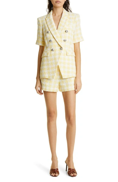 Shop Veronica Beard Jazmin Plaid Tweed Shorts In Pale Yellow/ White