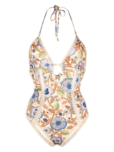 Shop Zimmermann Floral Print Swimsuit In White