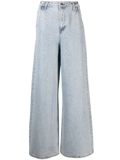 Shop Self-portrait Rhinestones Wide Leg Denim Jeans In Blue