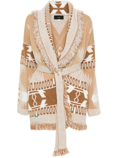 Shop Alanui Icon Cashmere And Linen Blend Cardigan In Beige
