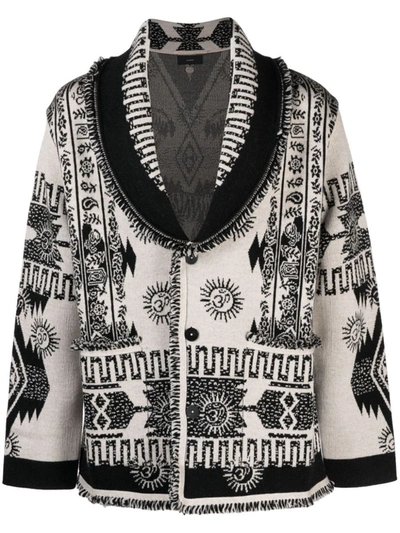 Shop Alanui Wool Block Ibrid Jacquard Cardigan In Black