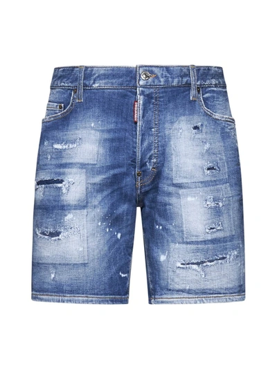 Dsquared2 Light Blue Bermuda Shorts With Rips And Logo Patch In Cotton Denim Man In Blue