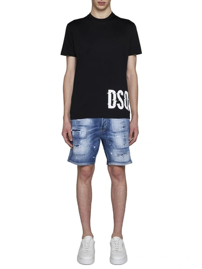 Dsquared2 Light Blue Bermuda Shorts With Rips And Logo Patch In Cotton Denim Man In Blue