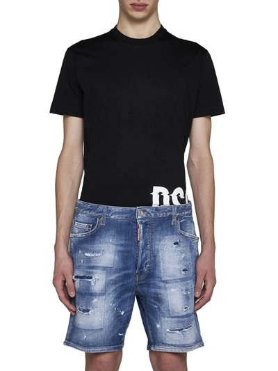 Dsquared2 Light Blue Bermuda Shorts With Rips And Logo Patch In Cotton Denim Man In Blue