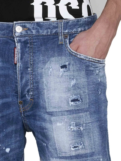 Dsquared2 Light Blue Bermuda Shorts With Rips And Logo Patch In Cotton Denim Man In Blue