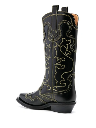 Shop Ganni Embroidered Leather Western Boots In Black