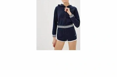 Shop Juicy Couture Micro Terry Striped Rib Hoody Jacket In Navy Blue