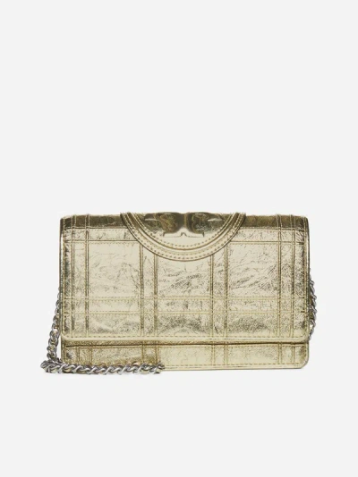 Shop Tory Burch Fleming Laminated Leather Wallet On Chain In Gold