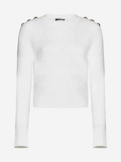 Shop Balmain Logo Viscose-blend Sweater In White