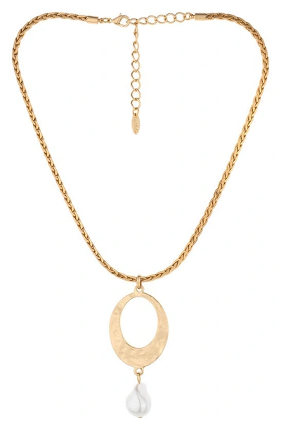Shop Ettika Hammered Imitation Pearl Necklace In Gold