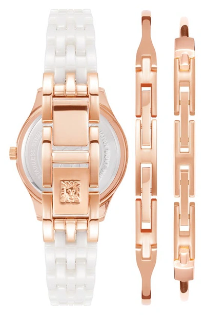 Anne Klein Crystal Embellished Three-hand Quartz Ceramic Bracelet Watch & Bracelet Set In Rose Gold