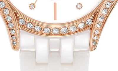 Anne Klein Crystal Embellished Three-hand Quartz Ceramic Bracelet Watch & Bracelet Set In Rose Gold