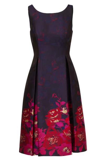 Shop Adrianna Papell Border Jacquard Pleated Sleeveless Fit & Flare Dress In Navy/ Pink Multi