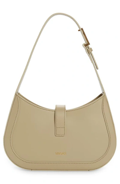 Shop Versace Small Greca Leather Hobo Bag In Sand/  Gold
