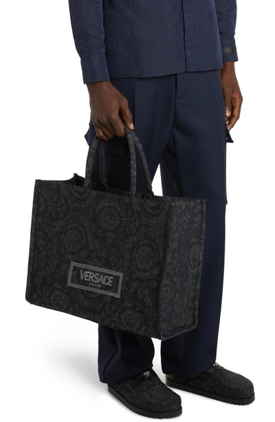 Shop Versace Extra Large Logo Embroidered Barocco Jacquard Tote In Black Black  Gold