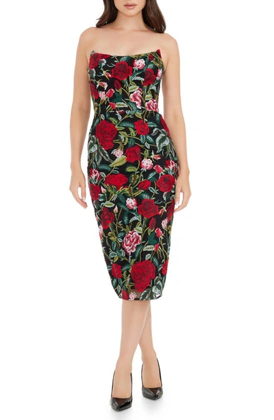 Shop Dress The Population Cosette Floral Embroidered Strapless Body-con Dress In Black Multi