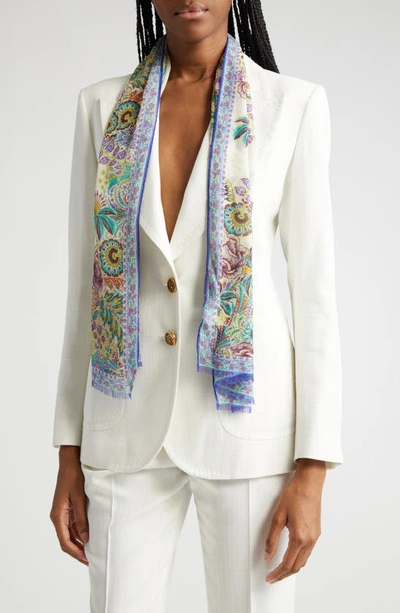 Shop Etro Floral Silk Fringe Scarf In Print On Pale Blue Base