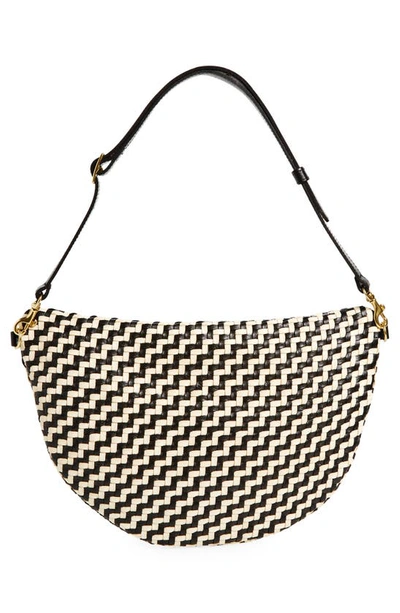 Shop Clare V . Grande Woven Leather Convertible Belt Bag In Black And Cream Woven Zig-zag