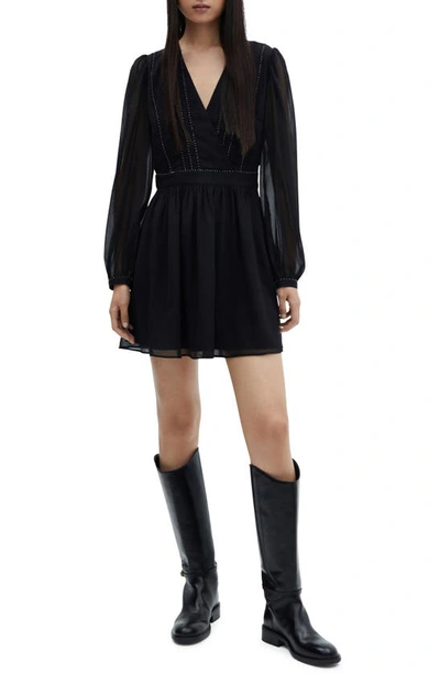 Shop Mango Flowy Beaded Long Sleeve Dress In Black