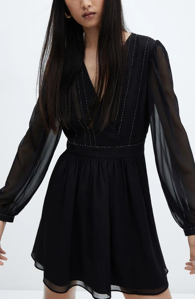 Shop Mango Flowy Beaded Long Sleeve Dress In Black