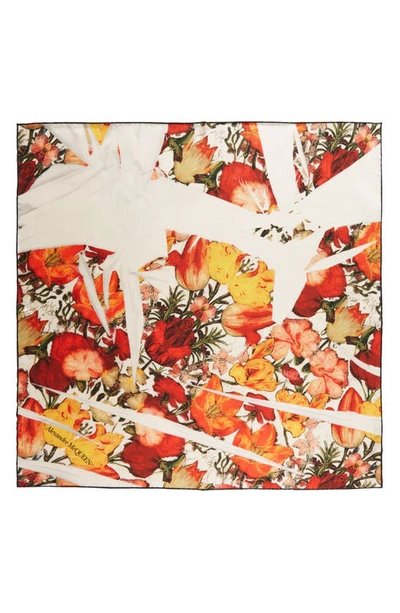 Shop Alexander Mcqueen Dutch Floral Print Silk Square Scarf In Ivory/ Red